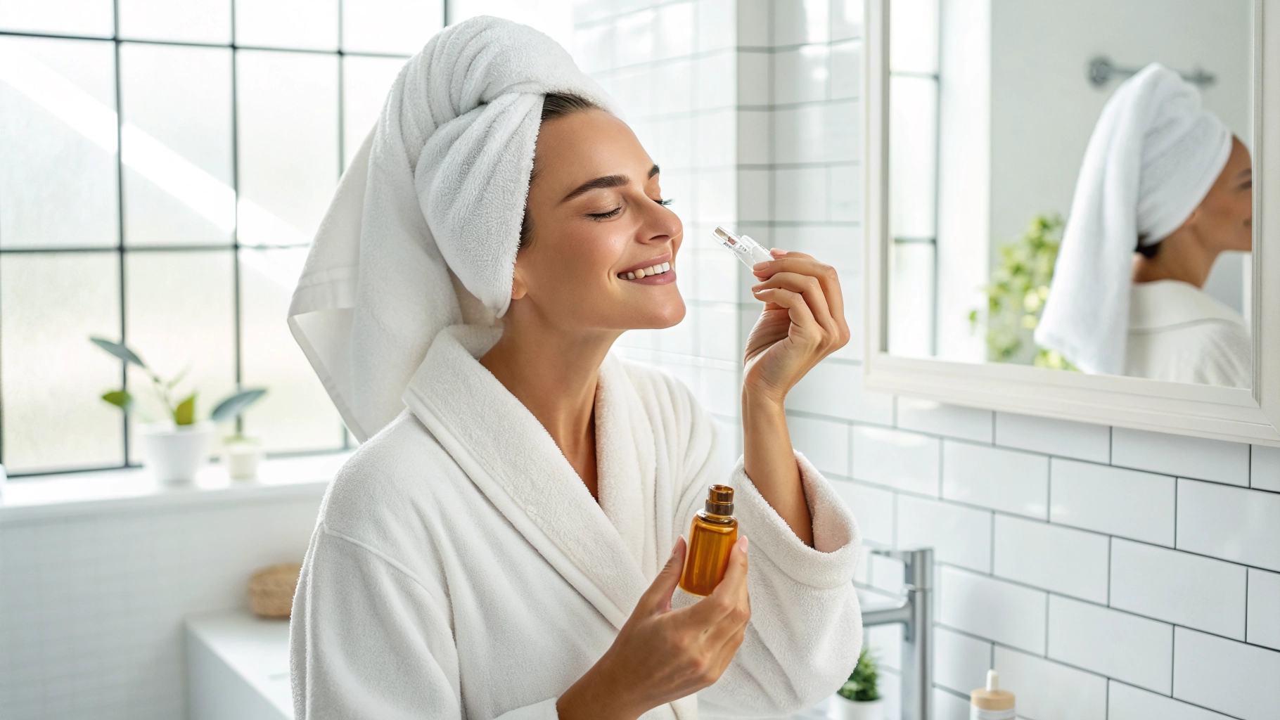 Woman doing skincare routine with glowing skin