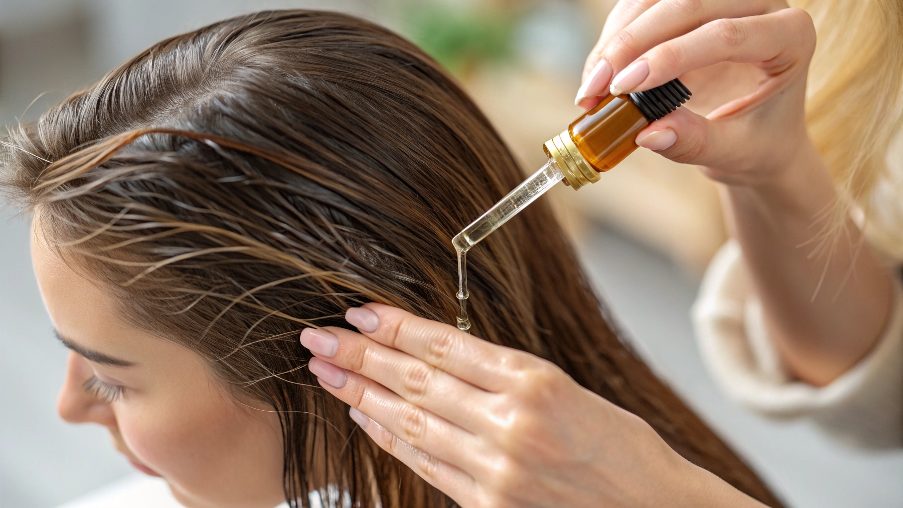 Applying hair serum to damp hair