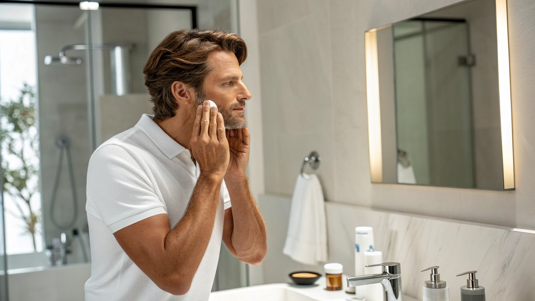 Handsome man applying face moisturizer